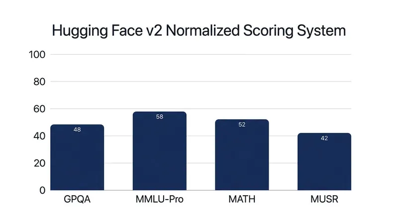 Hugging Face's v2 upgrade introduced normalized scoring, where 0 represents random chance and 100 represents perfect accuracy.