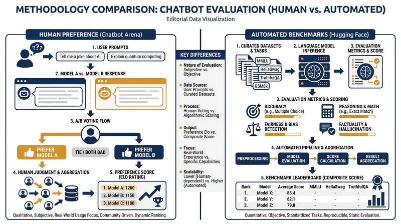 Chatbot Arena relies on blind A/B testing, while Hugging Face uses standardized datasets.