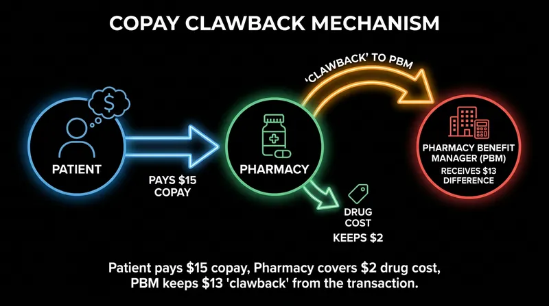 In a copay clawback, the mandatory insurance fee paid by the patient exceeds the actual cost of the drug, with middlemen pocketing the difference.