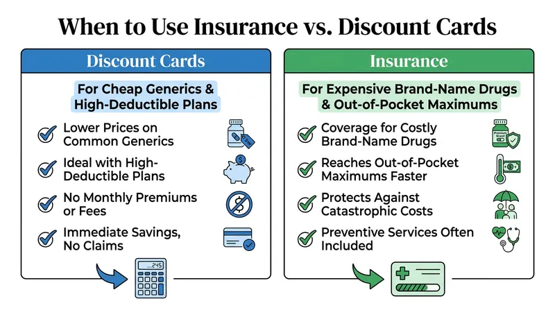 Choosing between a discount card and traditional insurance depends heavily on the type of medication and your progress toward an annual deductible.
