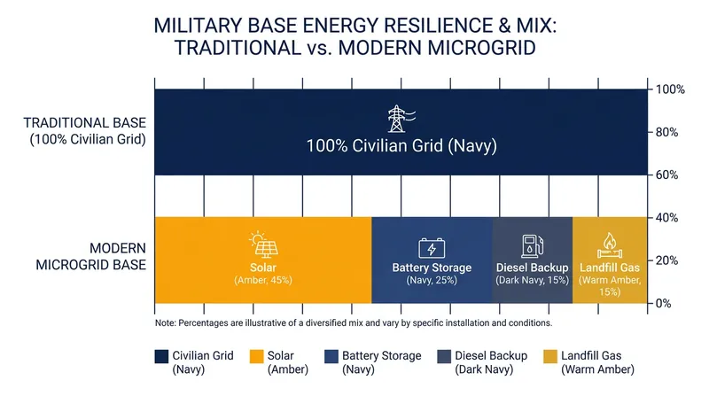 Modern military microgrids utilize a hybrid mix of renewable energy and traditional fuels to ensure continuous power.