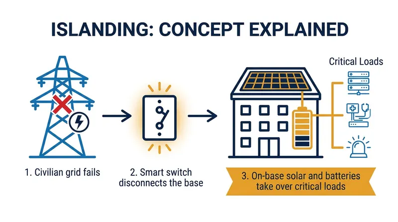 Islanding allows a base to instantly disconnect from a failing civilian grid and rely on its own power generation.