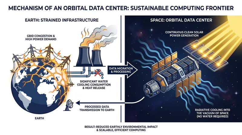 Orbital data centers bypass terrestrial grid limits by utilizing continuous solar exposure and the passive cooling of deep space.