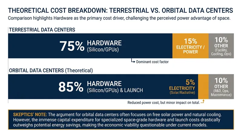 Skeptics argue that electricity savings in space are offset by the high costs of hardware, launch, and maintenance.
