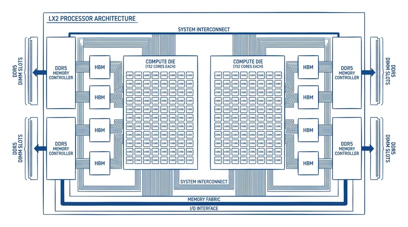 The LX2 processor uses a highly unusual memory topology, placing ultra-fast High Bandwidth Memory directly on the chip package to prevent data bottlenecks.
