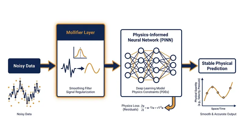 The Mollifier Layer acts as a mathematical shock absorber, smoothing noisy data before the neural network calculates complex derivatives.