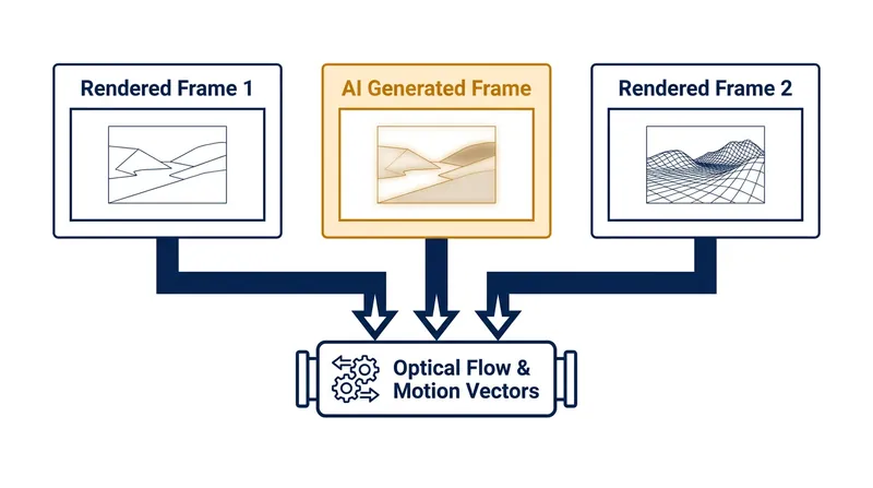 Frame generation analyzes motion between two rendered frames to invent a synthetic intermediate frame.