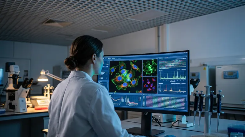 The AI analyzes microscopic patterns in fluorescently stained cells to predict gene expression.