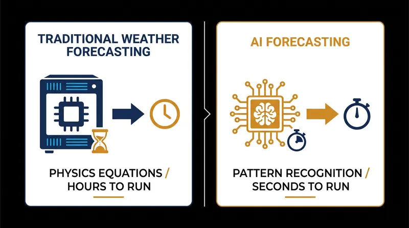 AI models bypass complex physics equations, generating forecasts thousands of times faster than traditional supercomputers.