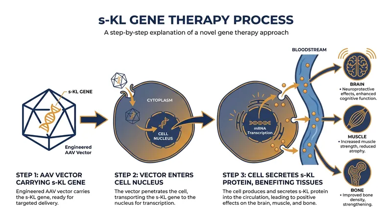Mechanism of Action: How adeno-associated virus (AAV) vectors deliver the secreted Klotho (s-KL) gene to promote systemic rejuvenation.