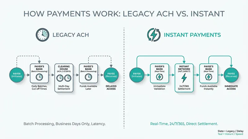 Unlike traditional ACH transfers that process in overnight batches, instant payment rails settle transactions individually in seconds.