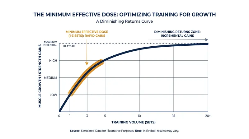 The dose-response curve for strength training shows that the first few sets provide the vast majority of the muscle-building stimulus.