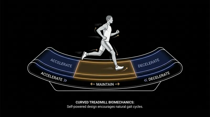 Speed on a curved treadmill is controlled entirely by where the runner's foot strikes the deck.