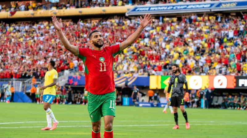 Ismael Saibari celebrates after scoring just 70 seconds into Morocco's victory over Scotland.