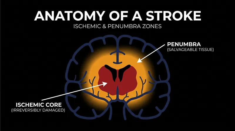 The ischemic core suffers irreversible damage, but the surrounding penumbra remains biologically salvageable.