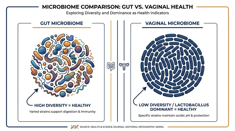 Unlike the gut, a healthy vaginal ecosystem relies on low diversity and the dominance of a single bacterial genus.