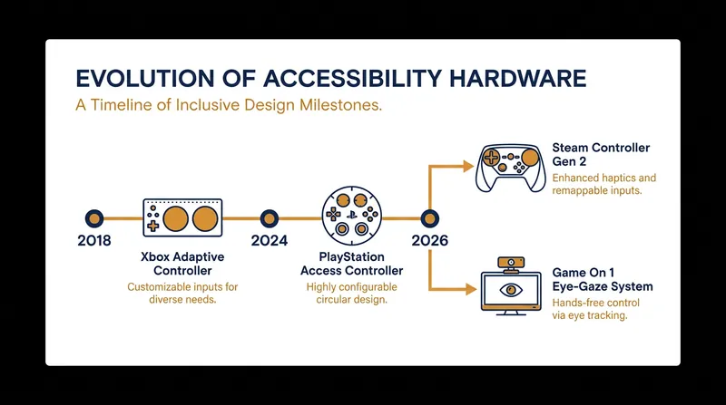 The timeline of major first-party and third-party accessibility hardware releases.