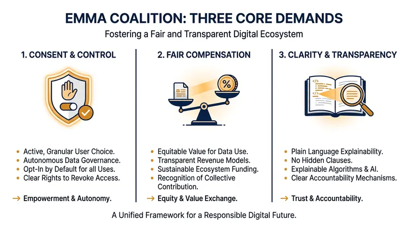 The three core principles demanded by the 31-organization creator coalition.