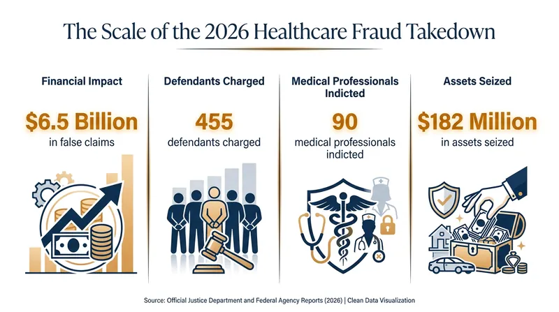 The 2026 takedown represents the largest coordinated healthcare fraud enforcement action in U.S. history.
