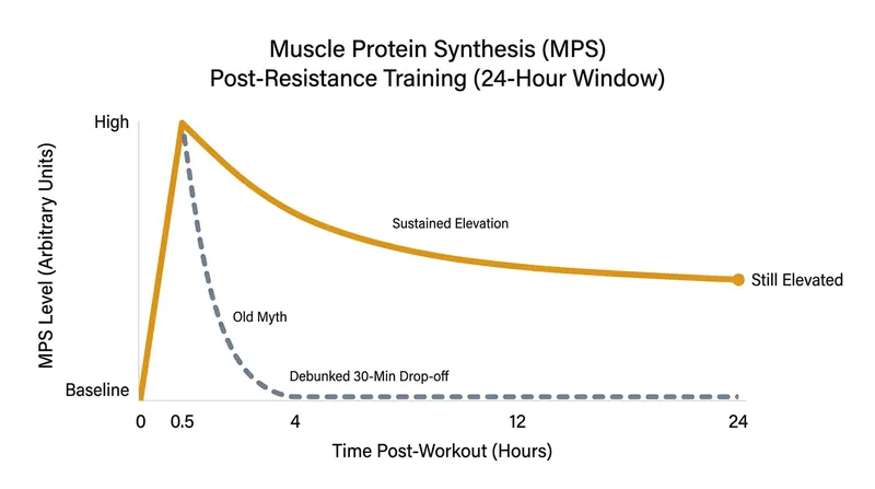 Muscle protein synthesis remains elevated for at least 24 hours post-workout.