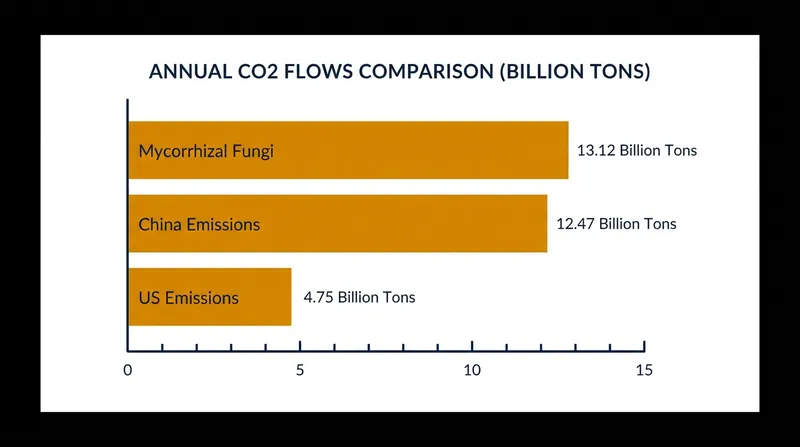 Fungal networks cycle more carbon dioxide annually than the world's largest emitting nations.