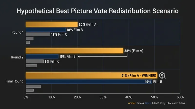 A film can start with a minority of first-place votes but win by picking up second- and third-place preferences.
