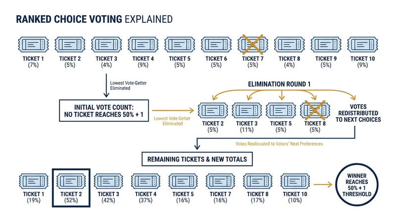 How the preferential ballot eliminates the lowest-performing films and redistributes their votes.