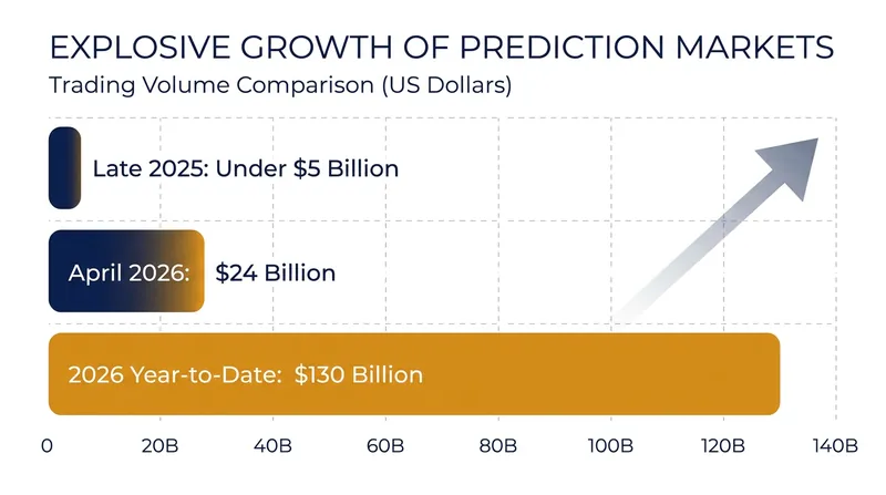 Prediction market trading volumes have surged exponentially since late 2025.