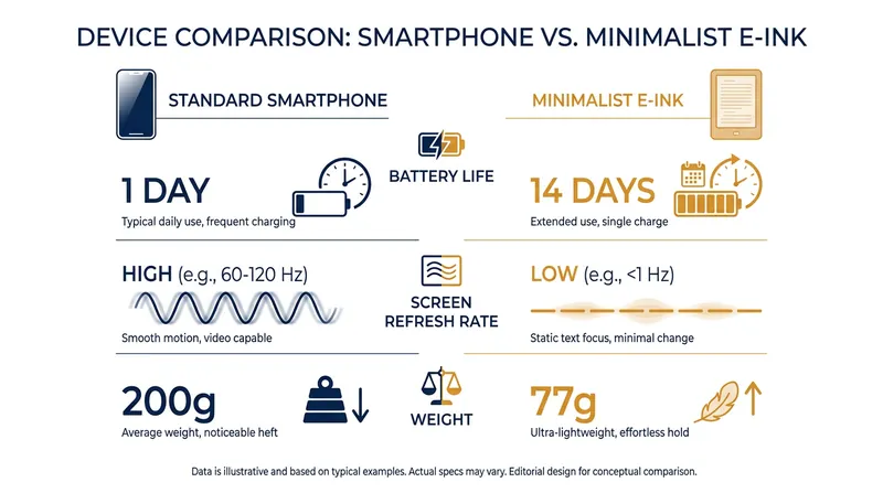 E-ink devices trade high refresh rates and bright colors for massive gains in battery life and reduced eye strain.