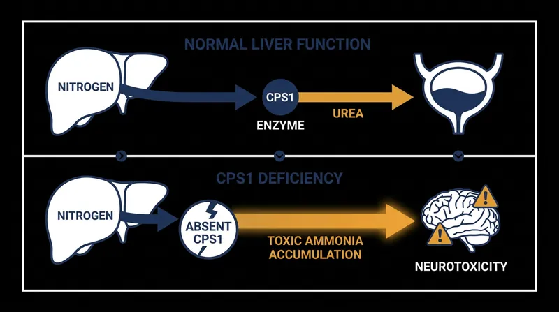 Without the CPS1 enzyme, toxic ammonia builds up in the bloodstream and threatens the brain.