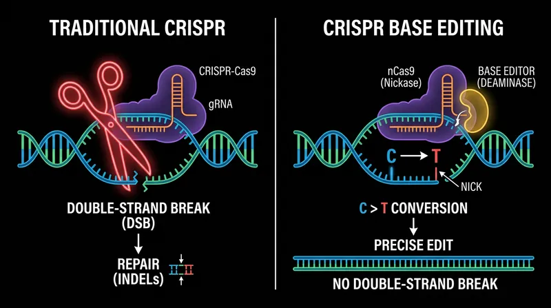 Unlike traditional CRISPR, base editing acts like a chemical pencil eraser, fixing a single typo without severing the DNA.