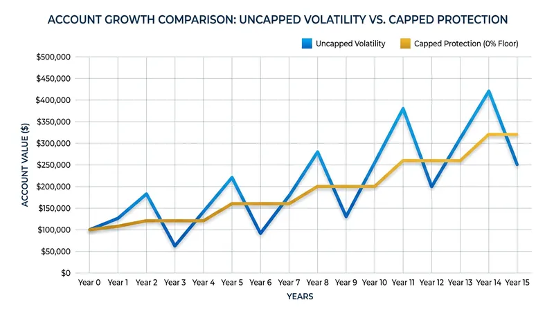 While a 401(k) captures the market's full peaks and valleys, an IUL uses a 0% floor to prevent losses at the cost of capped gains.