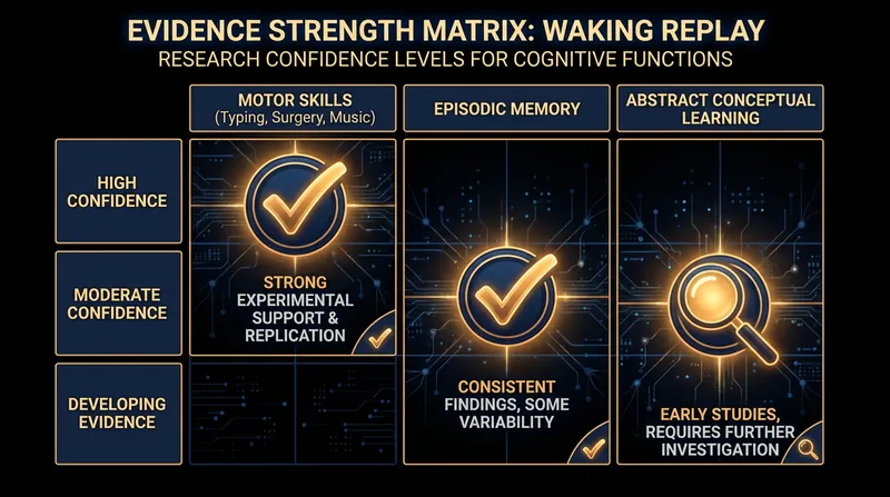 The evidence for waking replay is currently strongest in procedural and motor skill acquisition.