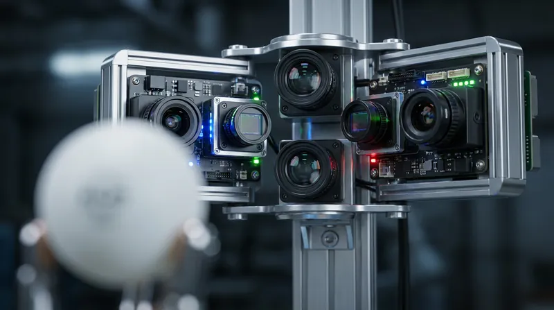 A network of specialized cameras allows the system to track the ball's position and spin with just 10 milliseconds of latency.