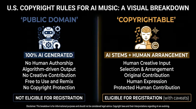 Human arrangement and modification are required to secure copyright protection for AI-assisted music.