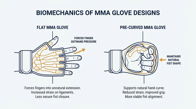 Flat-stitched gloves naturally extend the fingers when relaxed, whereas pre-curved designs force the hand into a resting fist.