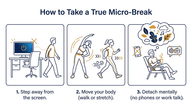 To properly recharge executive function, a break must involve genuine mental detachment from work.