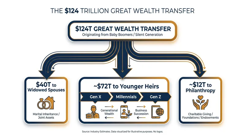 The projected distribution of the $124 trillion generational wealth transfer through 2048.