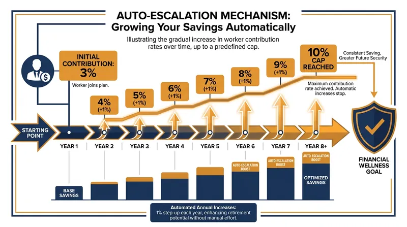 Auto-escalation slowly increases savings rates over time, aligning wealth building with annual wage growth.