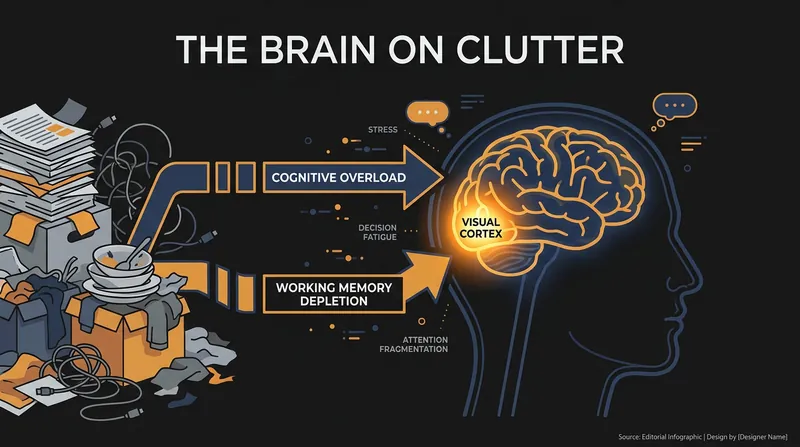 Visual clutter forces the brain to constantly process irrelevant information, draining cognitive reserves.