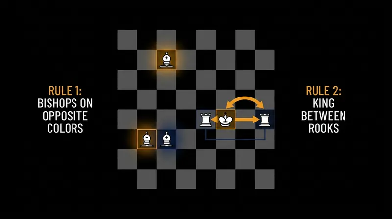 The back rank is randomized, but governed by two strict rules to preserve castling and board coverage.