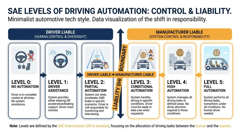 The critical legal threshold in autonomous driving occurs between Level 2 and Level 3.