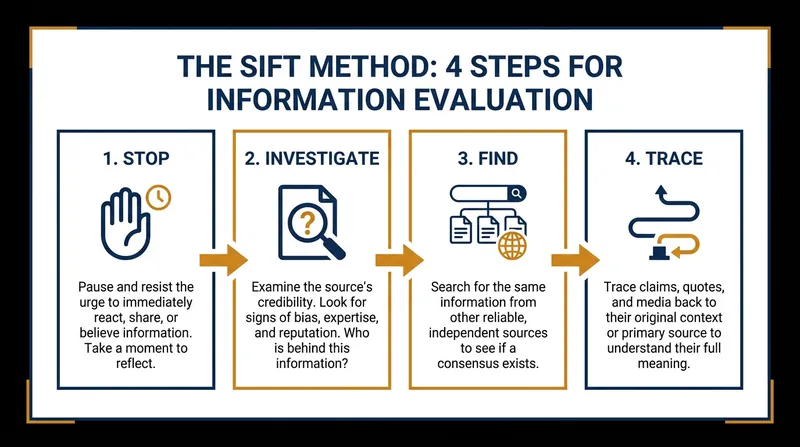 The SIFT method provides a foundational cognitive framework for evaluating online claims.