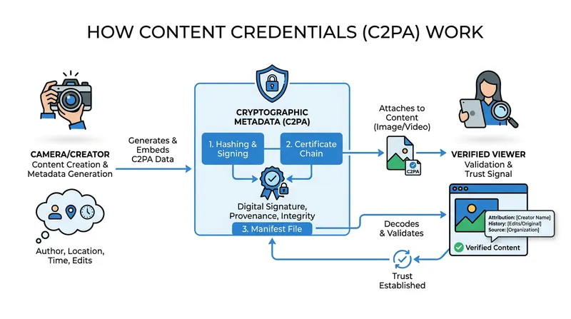 Content Credentials act as a digital 'nutrition label,' embedding verifiable metadata into media files.