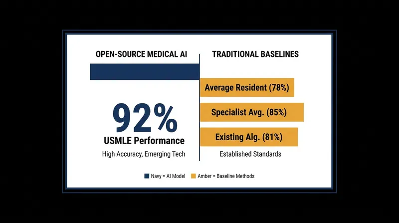 Recent benchmarks show open-source models achieving performance parity with proprietary systems on clinical exams.