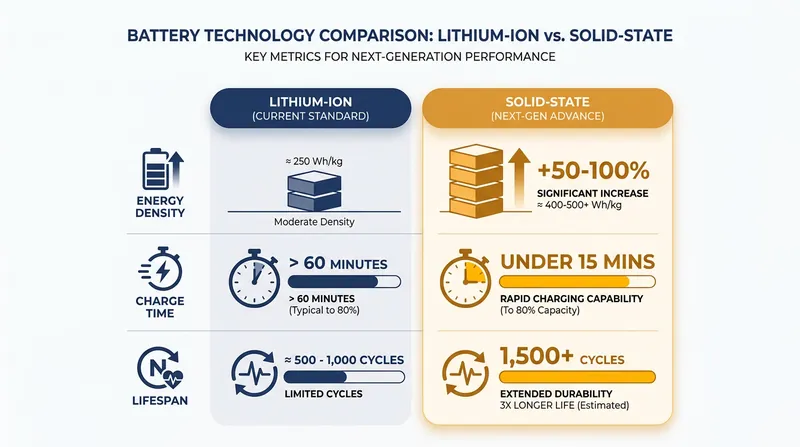 Solid-state technology offers exponential improvements across all major battery performance metrics.