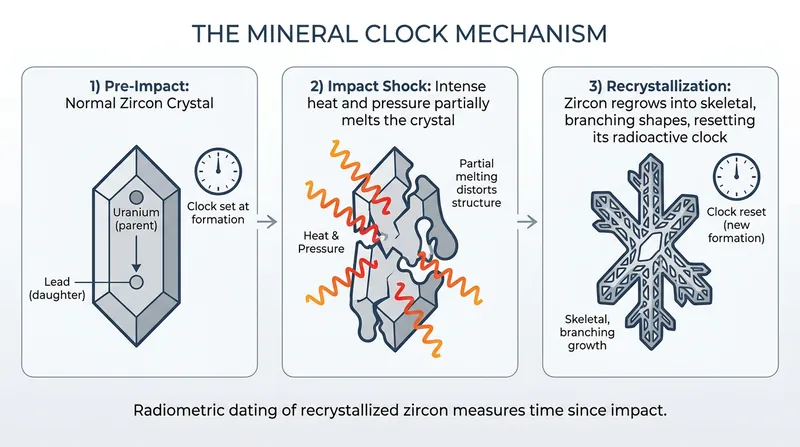 How the heat of an asteroid strike resets the radioactive decay clock inside resilient minerals.