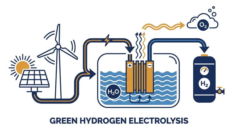 Green hydrogen is produced by using renewable electricity to split water into hydrogen and oxygen.
