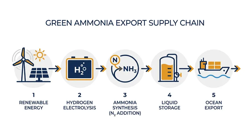 To export green energy globally, hydrogen is often converted into green ammonia, which is easier to liquefy and transport by sea.