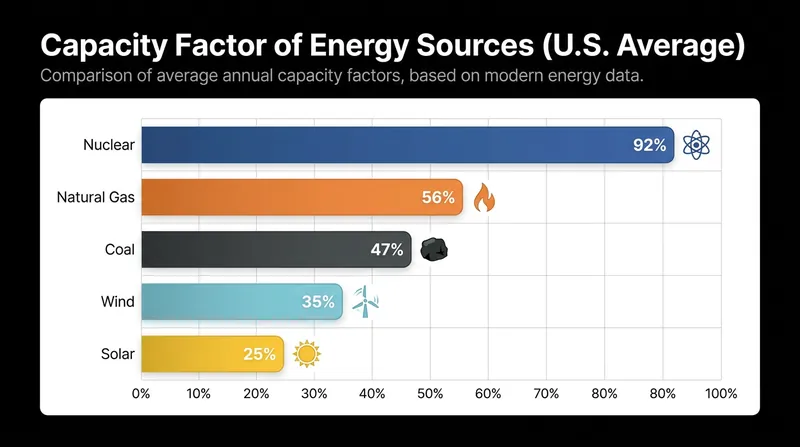 Nuclear power operates at a higher capacity factor than any other energy source, providing consistent 24/7 baseload power.